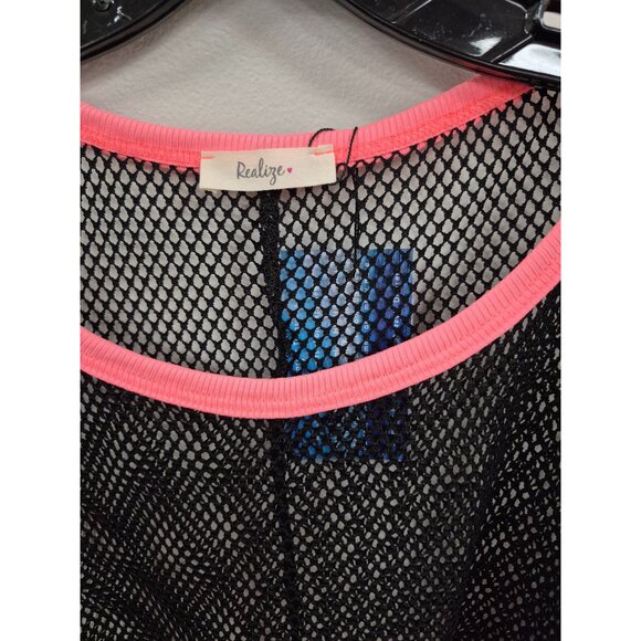Black Mesh Oversized Top With Pink Trim & Drawstring Hem By Realize 1X - Picture 4 of 8